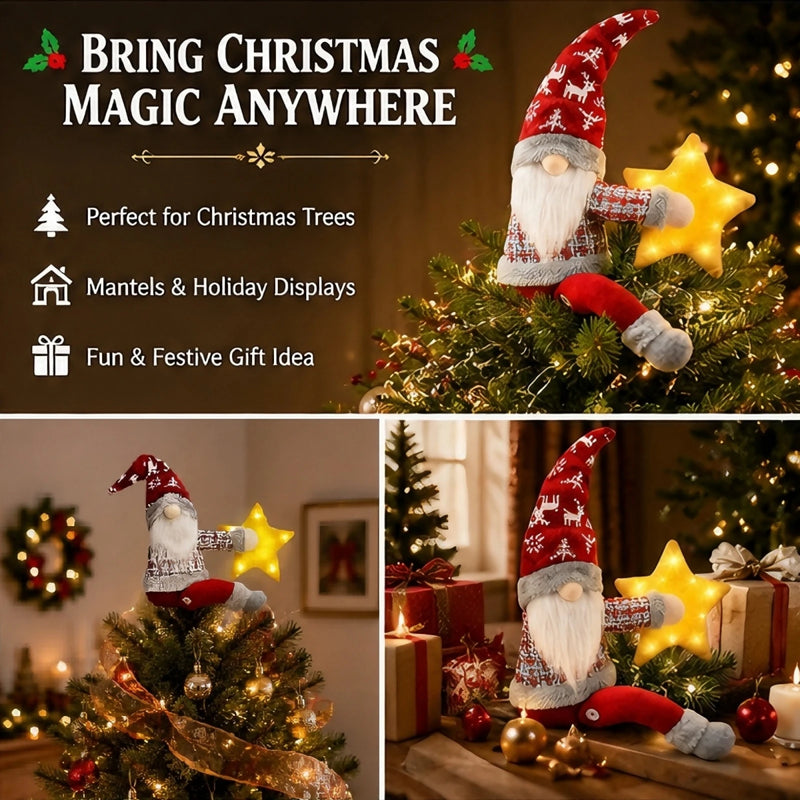 Cimier de sapin lumineux gnome – gnome sur un sapin de Noël et sur une cheminée décorée