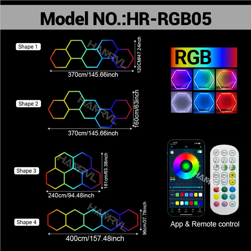 Éclairage LED hexagonal RGB pour garage, de 1 à 11 hexagones, application et télécommande