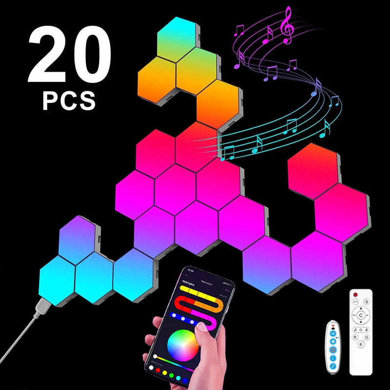 Lampes hexagonales modulaires RGB, lot de 3, 8, 12 ou 20, application, télécommande