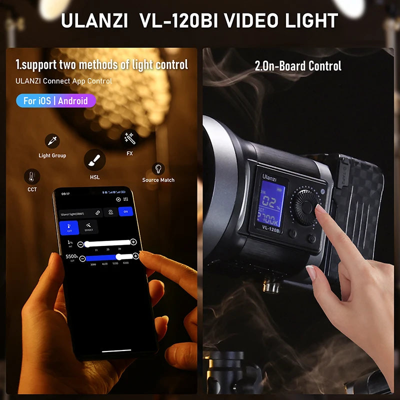 Lumière COB vidéo 120 ou 200 W bicolore ou RGB, application, V-Mount