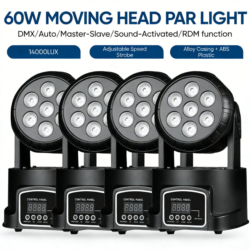Lot de 4 mini lyres LED wash – quatre mini lyres à 7 LED alignées avec leur afficheur