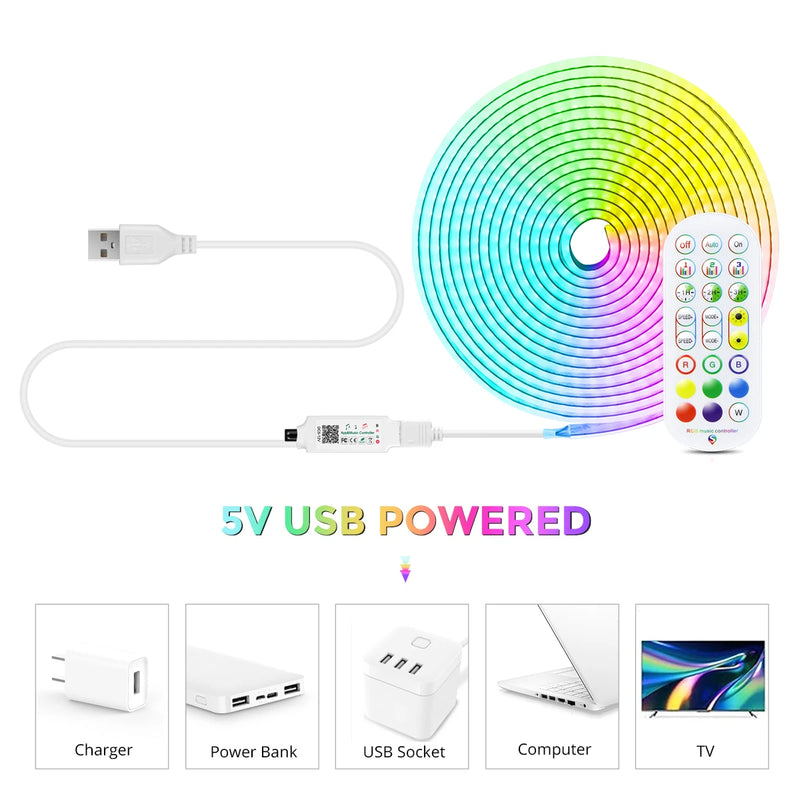 Ruban LED COB RGB 5 V – alimentation USB : chargeur, batterie externe, prise USB, ordinateur et téléviseur