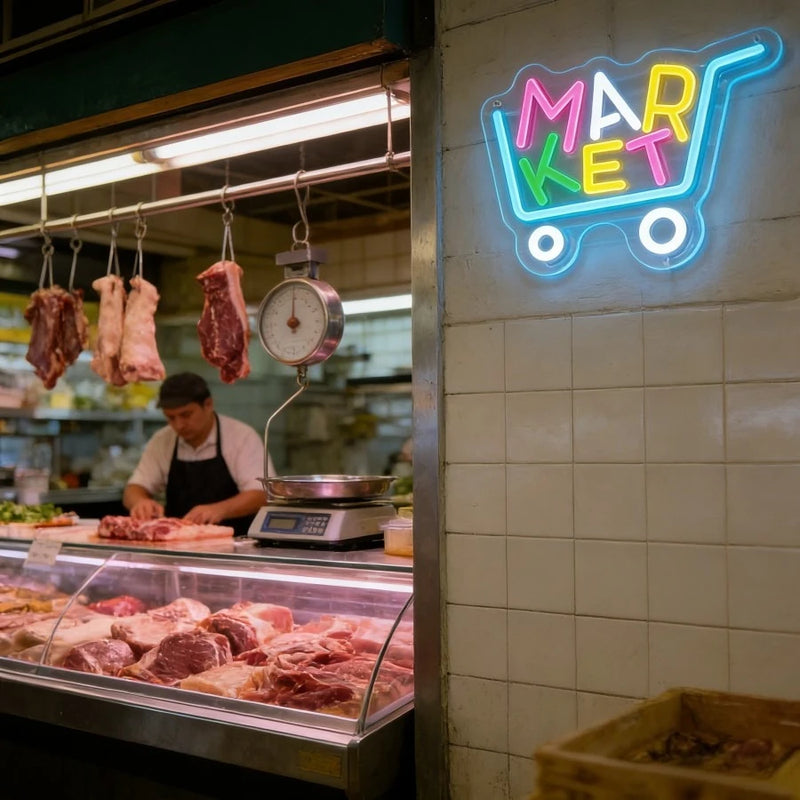 Enseigne néon MARKET chariot de courses – au mur d'une boucherie