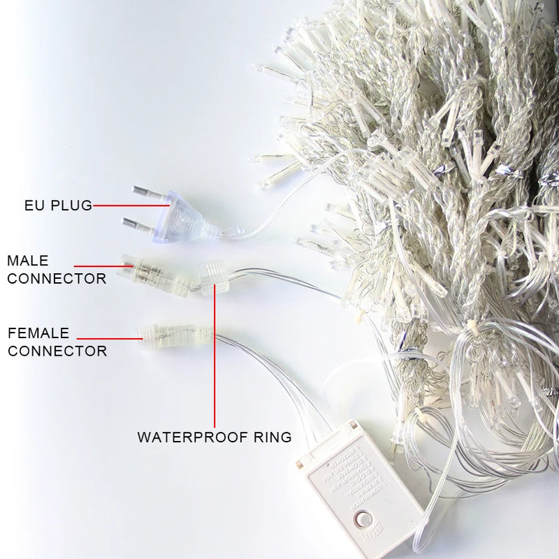 Rideau lumineux stalactites LED blanc chaud, 8 modes, 3 à 12 m