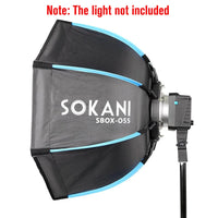 Softbox octogonale 55 cm – vue de côté montée sur une lampe LED vidéo (lampe non incluse)