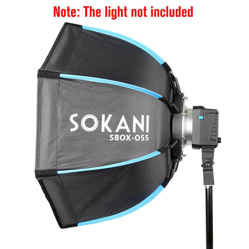 Softbox octogonale 55 cm – vue de côté montée sur une lampe LED vidéo (lampe non incluse)