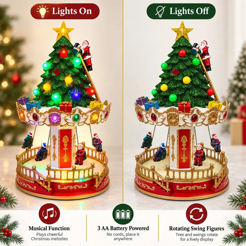 Carrousel de Noël musical et lumineux avec sapin et Père Noël, 34 cm, à piles