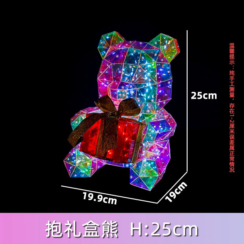 Ours lumineux de Noël irisé avec cadeau, figurine LED USB de 25 cm en boîte-cadeau