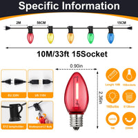 Guirlande lumineuse C7 – version 10 m, 15 douilles et 16 ampoules, schéma des cotes