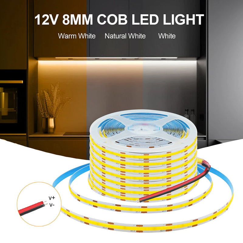 Bande LED COB ultra-fine – rouleau en 12 V largeur 8 mm avec fils d'alimentation