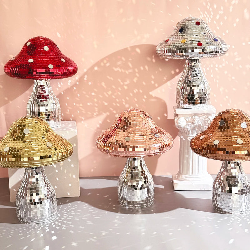 Boule à facettes déco champignon en verre miroir, 18 x 15 cm