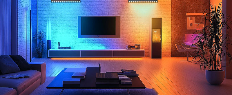 Barre LED pixel COB RGBW – salon avec fond lumineux coloré derrière le téléviseur