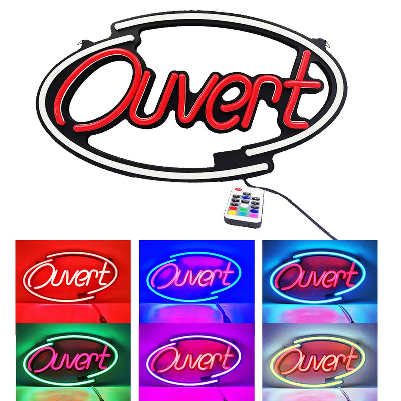 Panneau lumineux ouvert multilingue – ovale Ouvert rouge avec télécommande et six couleurs d'éclairage