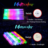 Bâtons lumineux mousse LED – versions multicolore et couleur unie, interrupteur