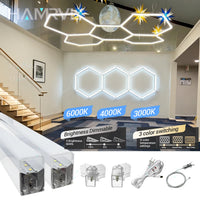 Éclairage hexagonal à la pièce : tubes LED, connecteurs, câbles à interrupteur et câbles de suspension