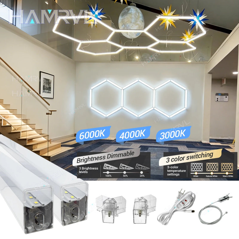 Éclairage hexagonal à la pièce : tubes LED, connecteurs, câbles à interrupteur et câbles de suspension