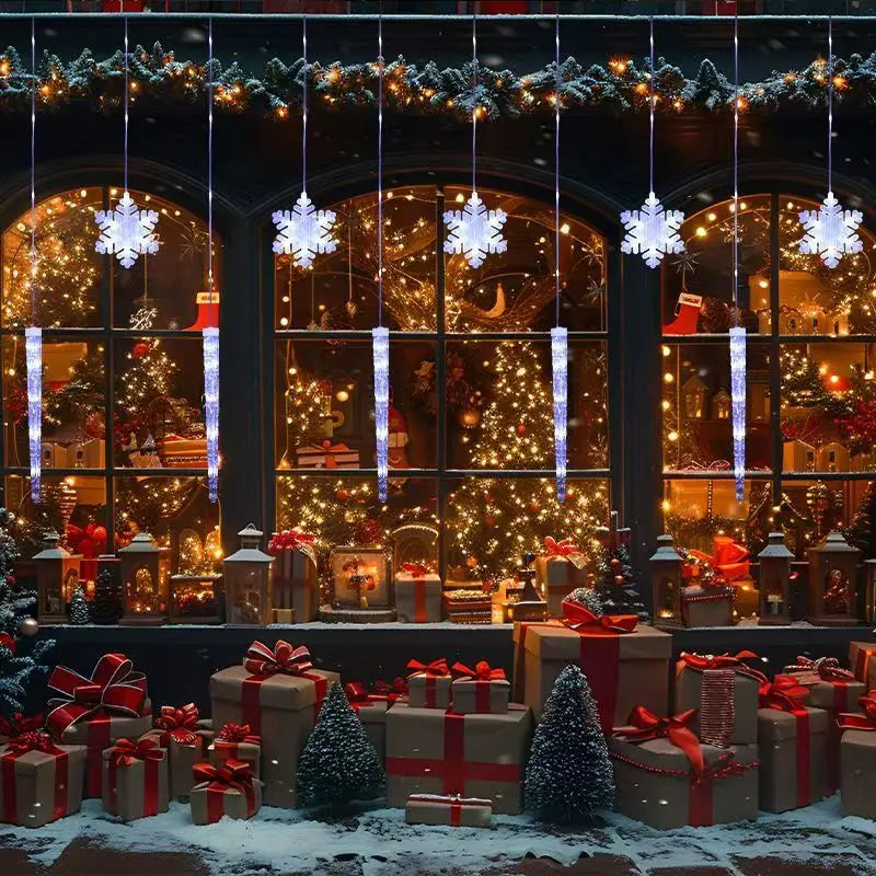 Rideau lumineux flocons et glaçons de Noël – vitrine de magasin décorée de flocons