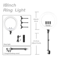 Ring light 18 pouces – anneau de 45 cm, supports de téléphone, télécommande et support de bureau en C