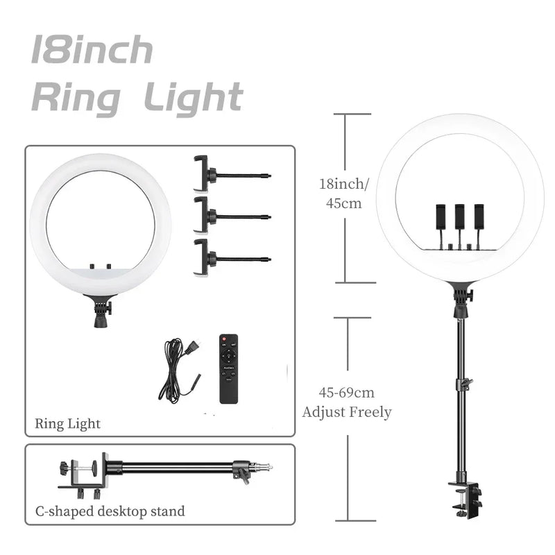 Ring light 18 pouces – anneau de 45 cm, supports de téléphone, télécommande et support de bureau en C