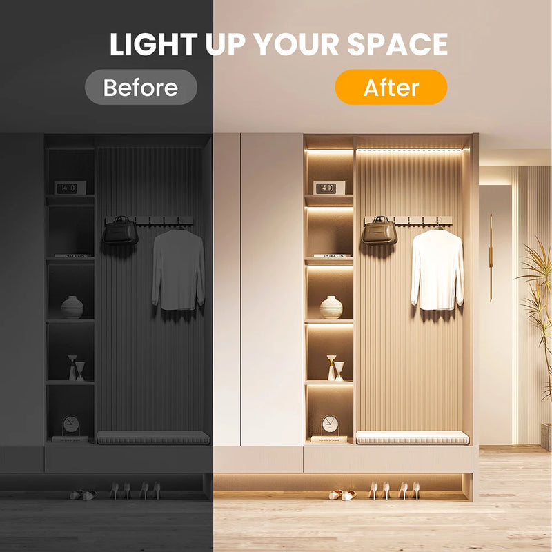 Ruban LED COB à rangées – dressing avant et après installation
