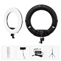 Ring light 45 cm bicolore – anneau blanc et anneau noir vus de dos, avec télécommande, support de téléphone, adaptateur et trépied