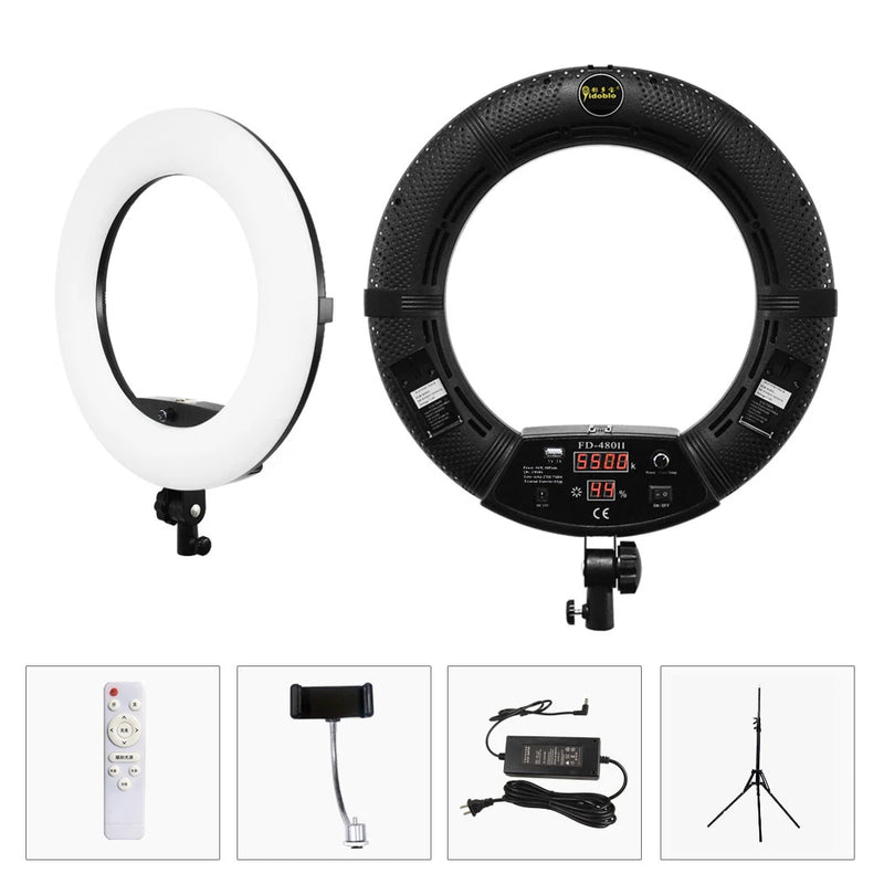Ring light 45 cm bicolore – anneau blanc et anneau noir vus de dos, avec télécommande, support de téléphone, adaptateur et trépied