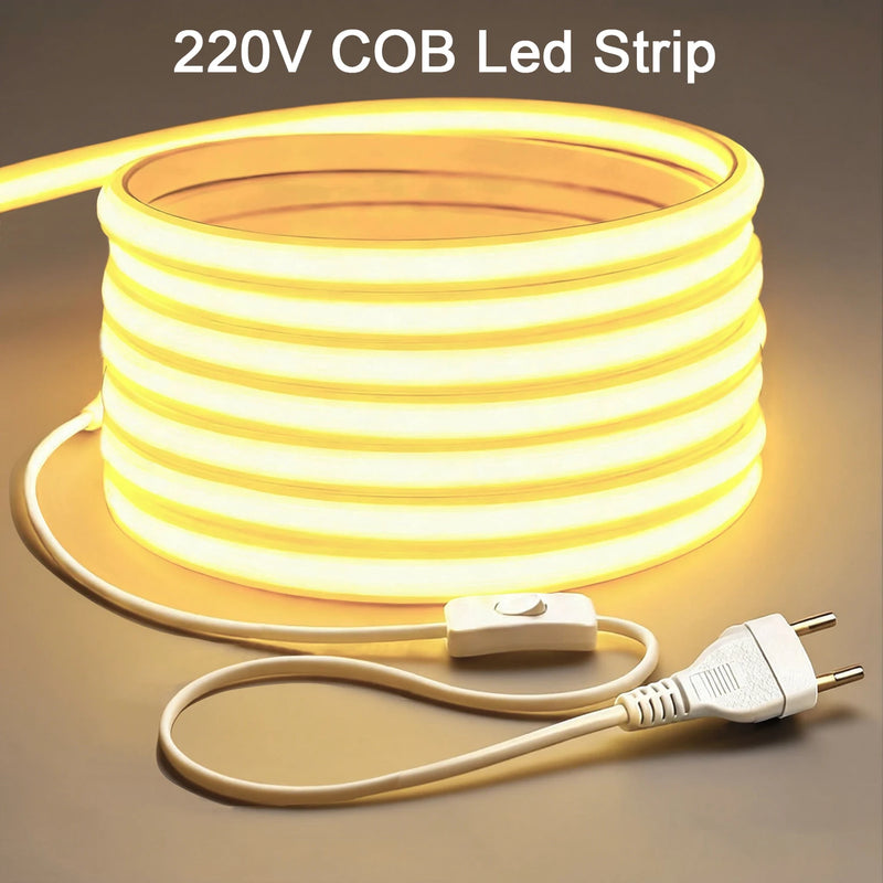 Ruban LED COB 220 V – rouleau blanc chaud allumé avec câble, interrupteur et prise européenne
