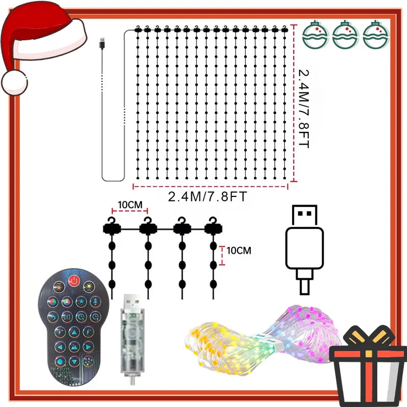 Rideau lumineux LED – schéma du format 2,4 x 2,4 m avec télécommande et contrôleur USB