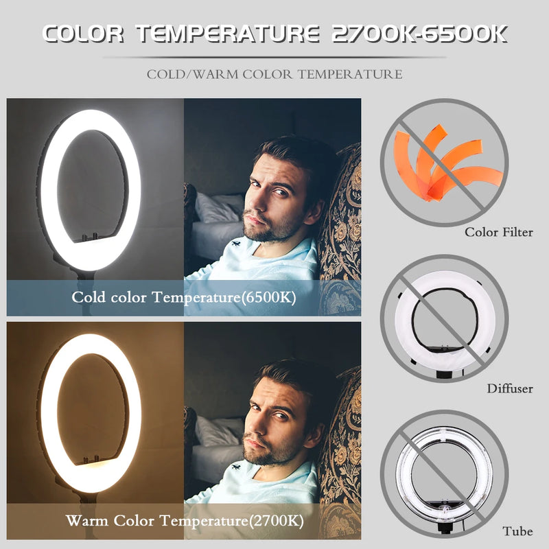 Ring light LED 45-48 cm, trépied au choix, 3 supports téléphone