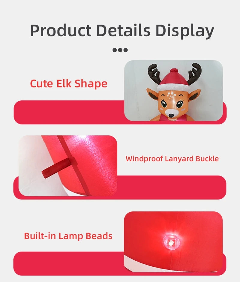 Renne lumineux gonflable en robe rouge – détails du renne : forme, boucle de fixation et LED intégrées