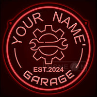Néon garage personnalisé avec votre nom, engrenage, rond 29 cm, USB
