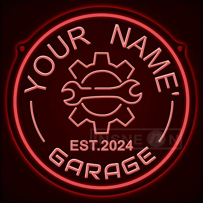 Néon garage personnalisé avec votre nom, engrenage, rond 29 cm, USB