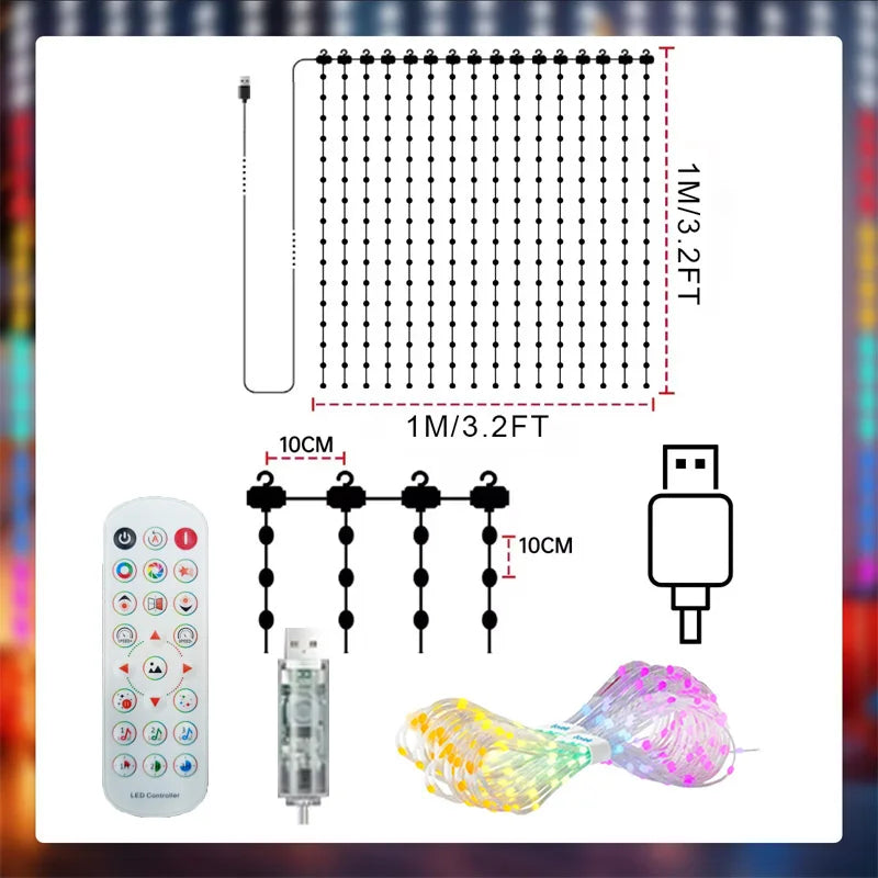 Rideau lumineux de Noël pour façade – schéma des dimensions 1 x 1 m