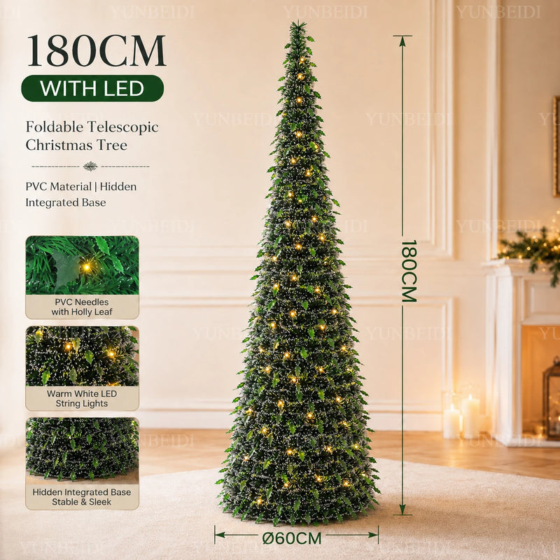 Sapin lumineux pliable télescopique à LED blanc chaud, 150 ou 180 cm