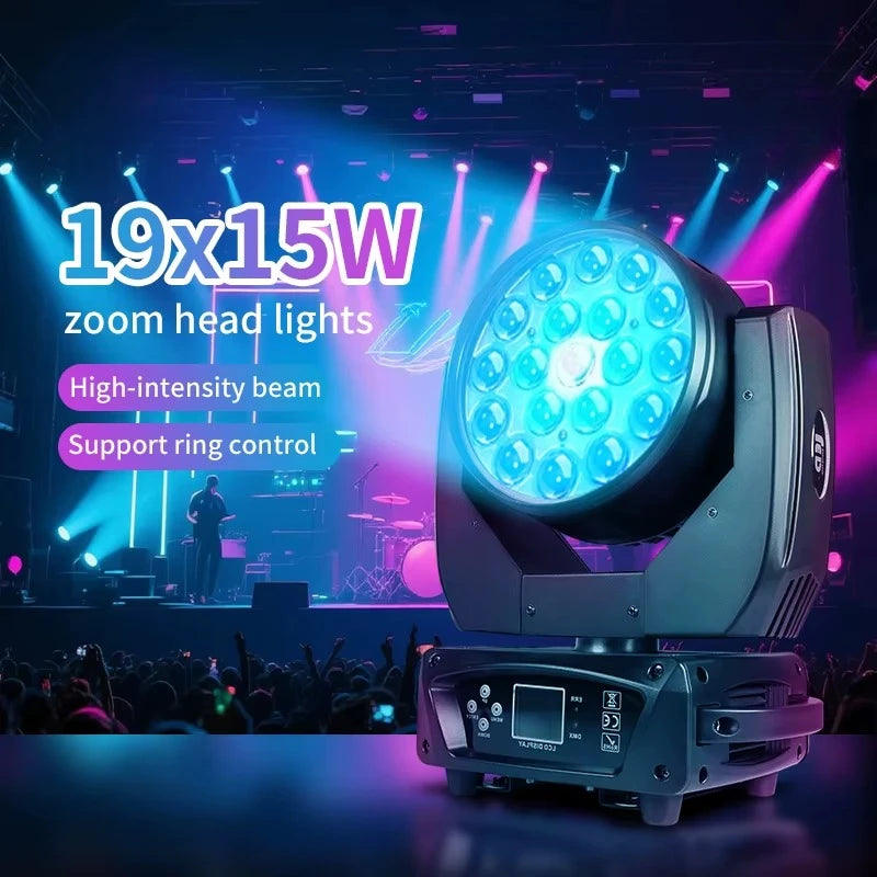 Lyre LED wash zoom 19 x 15 W – lyre en situation de concert, LED allumées en bleu