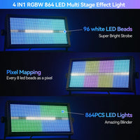 Lot de 4 stroboscopes LED RGB 200 W, 864 LED et 96 LED blanches, DMX