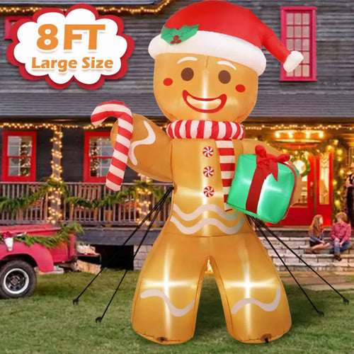 Bonhomme en pain d'épice gonflable géant 2,4 m avec cadeau et LED