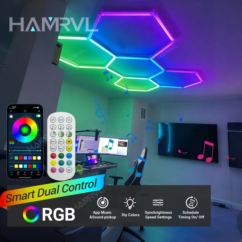 Éclairage LED hexagonal RGB pour garage, de 1 à 11 hexagones, application et télécommande