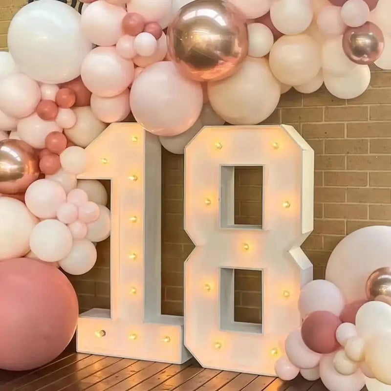 Chiffre lumineux géant – nombre 18 devant un mur de ballons roses et de fleurs