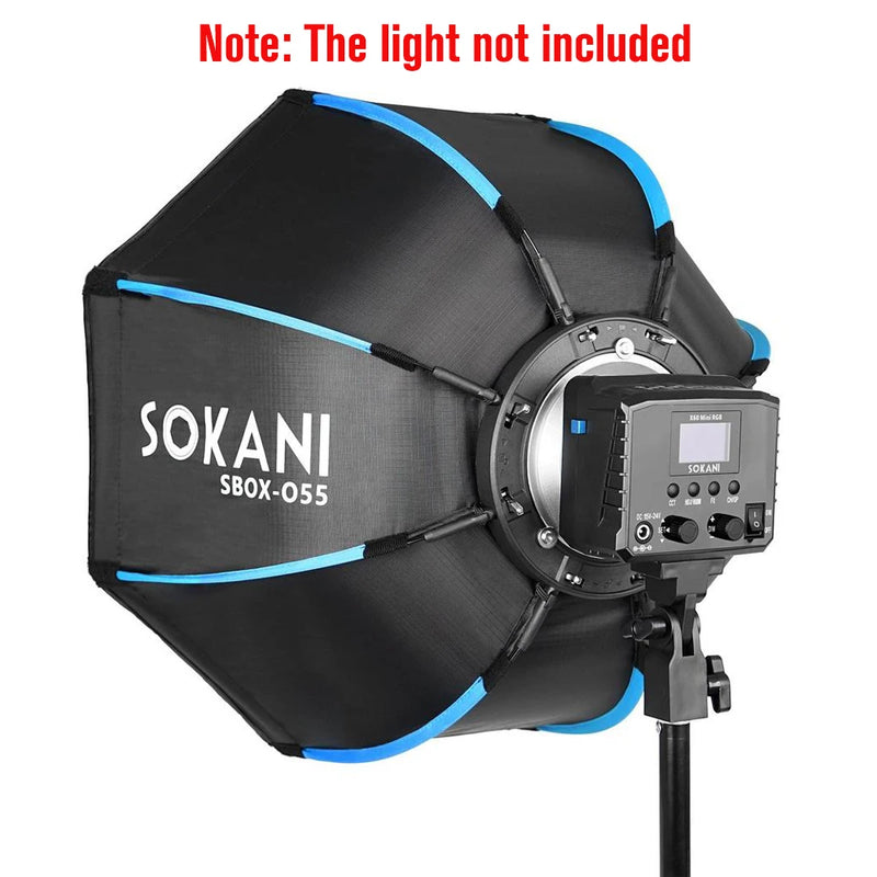 Softbox octogonale 55 cm – vue arrière de la monture avec une lampe LED vidéo installée (lampe non incluse)
