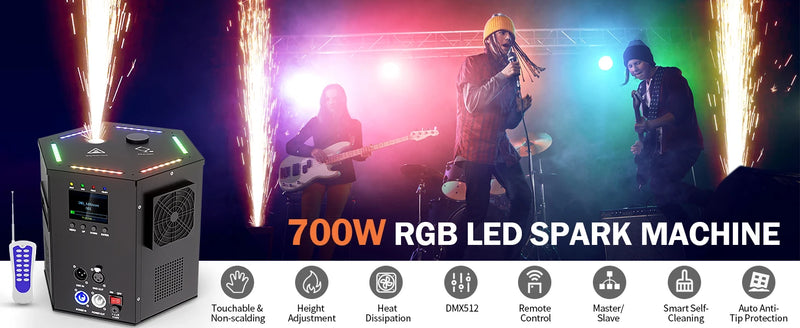 Machine à étincelles froides 700 W – machine sur la scène d'un concert avec jets d'étincelles