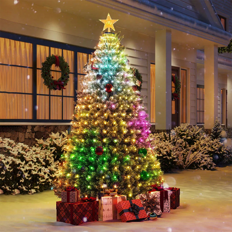 Guirlande de sapin cascade RGB – sapin décoré dehors devant une maison