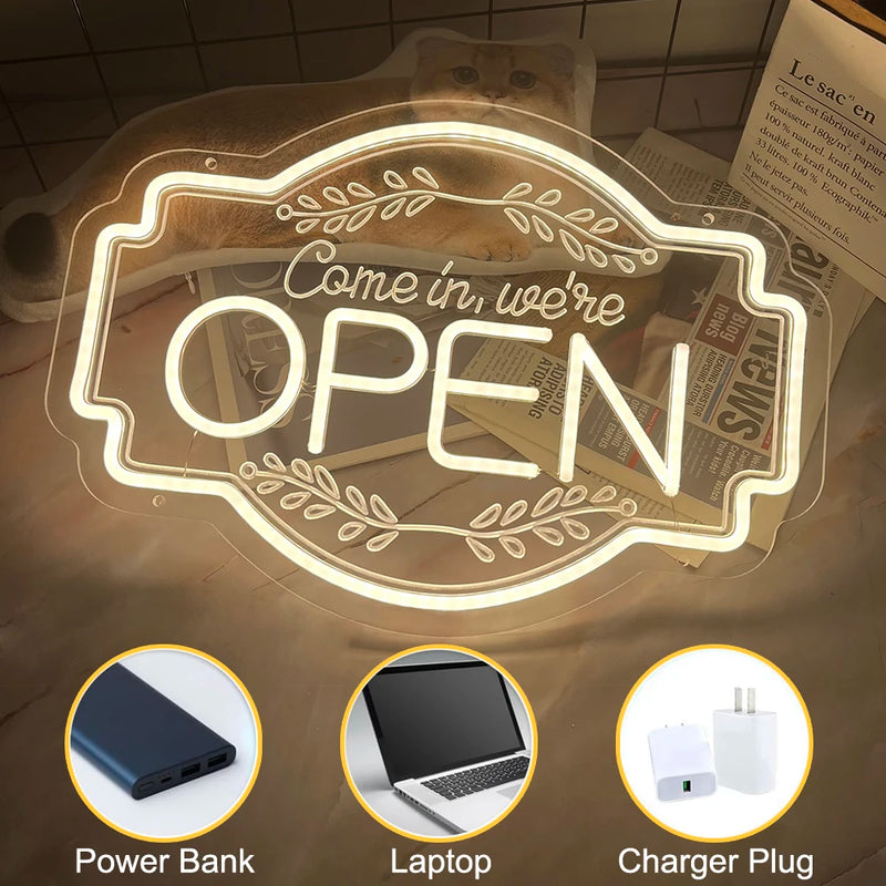 Panneau OPEN Come in, we're open – alimentation par batterie externe, ordinateur ou chargeur USB