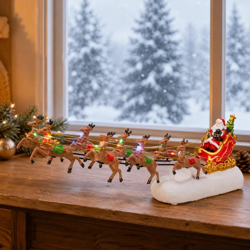 Traîneau et rennes lumineux du Père Noël, figurine de village, 36 cm