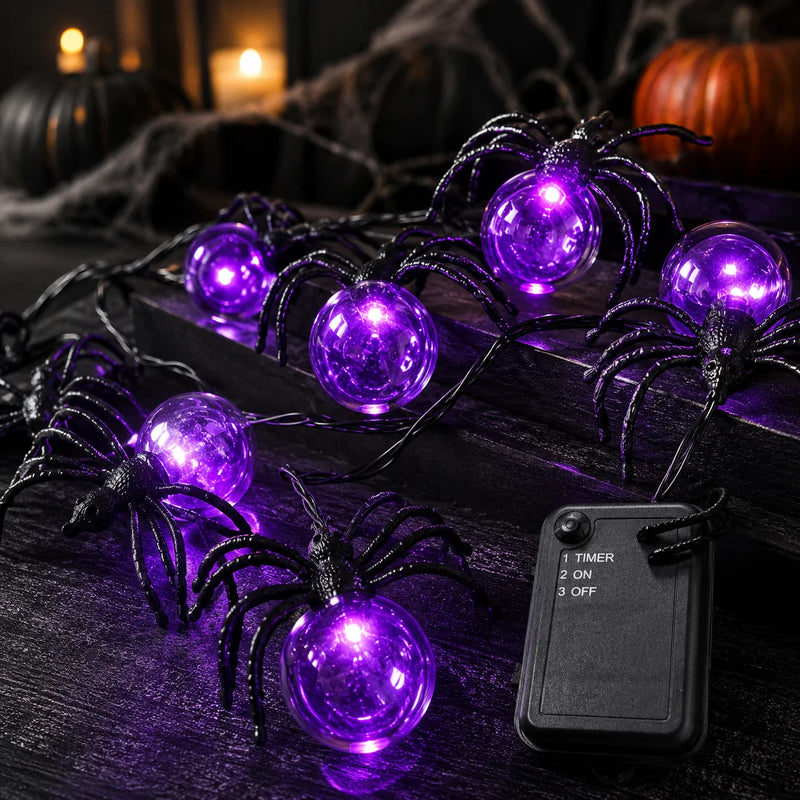 Guirlande lumineuse Halloween araignées violettes, à piles, 5,2 m