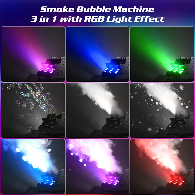 Machine à bulles et fumée 1500 W, 18 LED RGB et télécommande