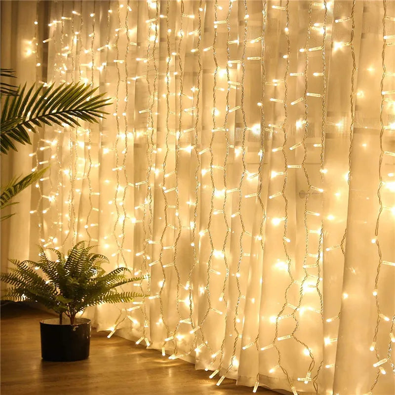 Rideau lumineux stalactites LED blanc chaud, 8 modes, 3 à 12 m