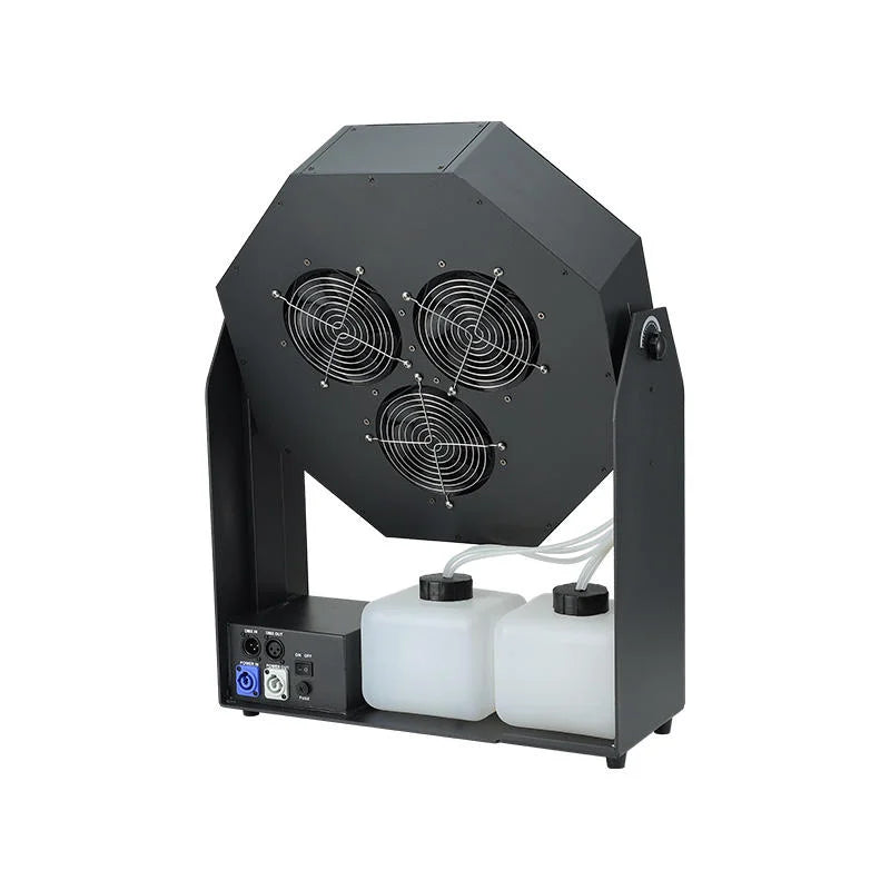 Machine à bulles 3 sorties – vue de dos, ventilateurs, deux bidons et prises DMX
