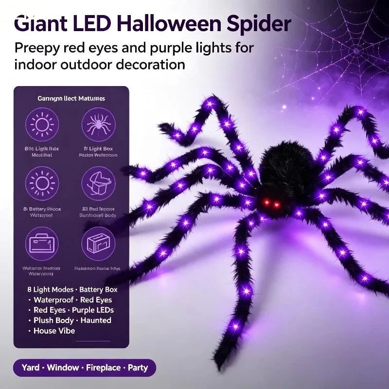 Araignée géante lumineuse – fonctions : 8 modes, boîtier à piles, yeux rouges et LED violettes