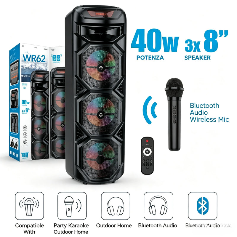 Enceinte karaoké lumineuse 40 W – fiche de la colonne avec puissance, haut-parleurs, micro et télécommande
